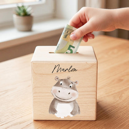 Spardose für Kinder Nilpferd personalisiert Safari Tiere Sparbox aus Holz Sparschwein mit Schlüssel Taufgeschenk für Jungen & Mädchen