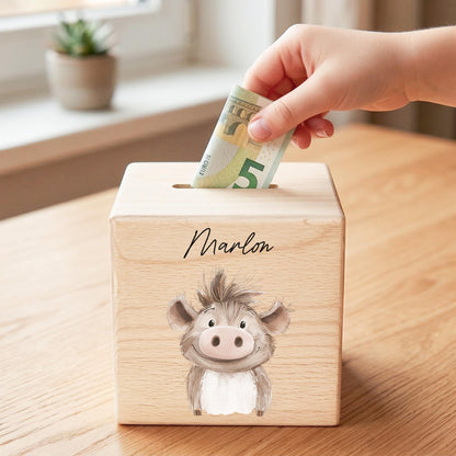 Spardose für Kinder Warzenschwein personalisiert Safari Tiere Sparbox aus Holz Sparschwein mit Schlüssel Taufgeschenk für Jungen & Mädchen