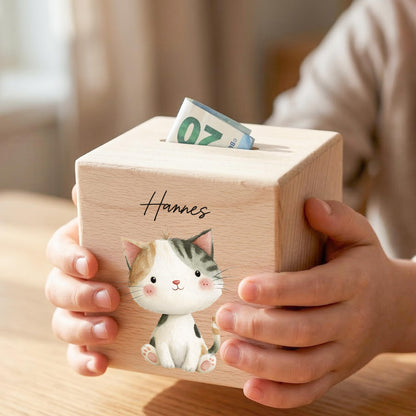 Katze Spardose für Kinder aus Holz personalisierte Sparbox Holzspardose mit Schlüssel als Geldgeschenk