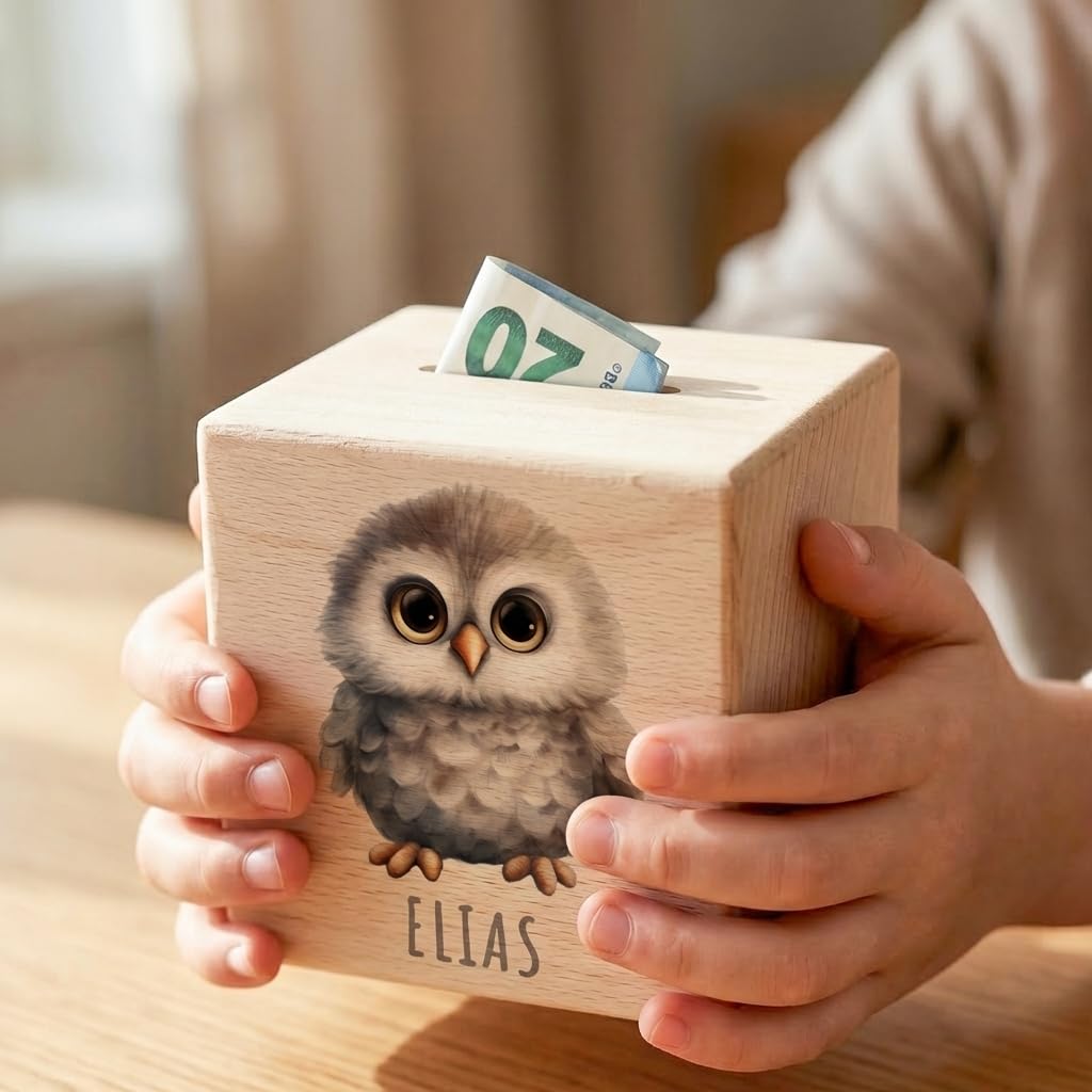 Eule Spardose für Kinder personalisiert Sparbox aus Holz Sparschwein mit Schlüssel Taufgeschenk für Jungen und Mädchen