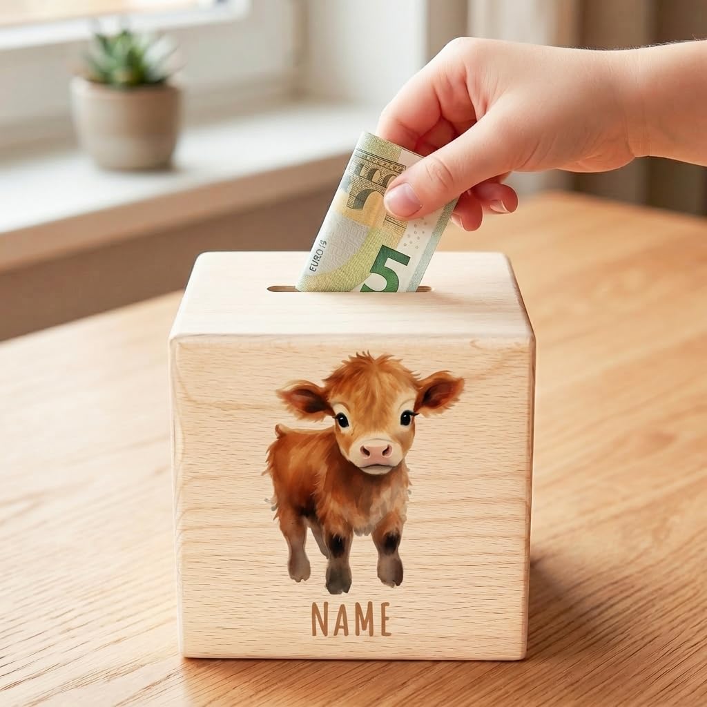 Kuh Spardose für Kinder personalisiert Sparbox aus Holz Sparschwein mit Schlüssel Taufgeschenk für Jungen und Mädchen