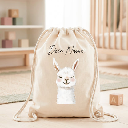 Lama Turnbeutel Kinder personalisierter Sportbeutel für Kindergarten & Kita Stoffbeutel mit Kordelzug