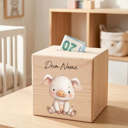 Schwein Spardose für Kinder aus Holz personalisierte Sparbox Holzspardose mit Schlüssel als Geldgeschenk
