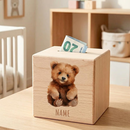 Bär Spardose für Kinder personalisiert Sparbox aus Holz Sparschwein mit Schlüssel Taufgeschenk für Jungen und Mädchen