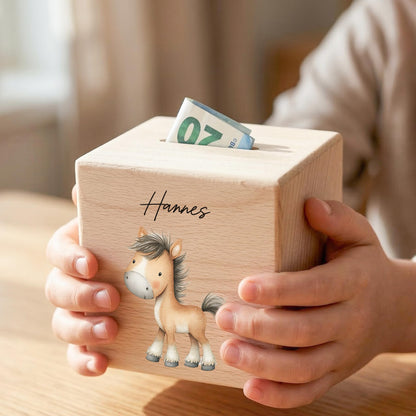 Pferd Spardose für Kinder aus Holz personalisierte Sparbox Holzspardose mit Schlüssel als Geldgeschenk