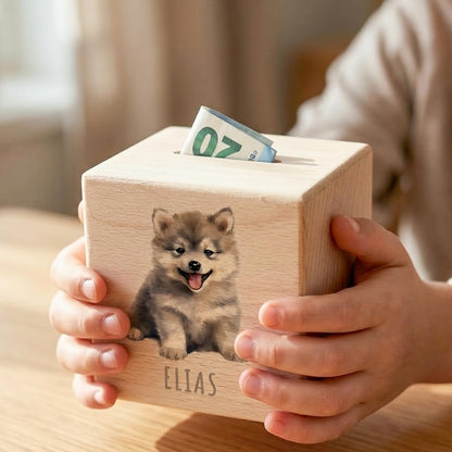 Wolf Spardose für Kinder personalisiert Sparbox aus Holz Sparschwein mit Schlüssel Taufgeschenk für Jungen und Mädchen