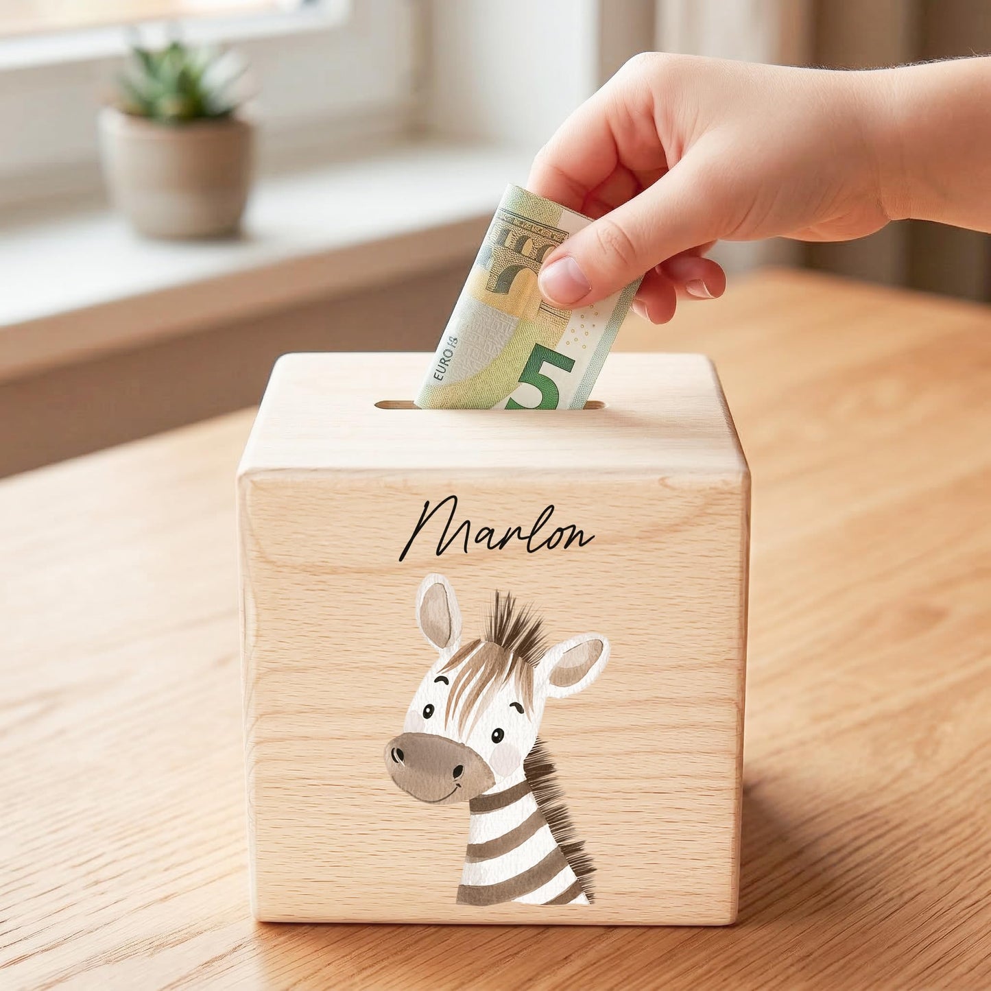 Spardose für Kinder Zebra personalisiert Safari Tiere Sparbox aus Holz Sparschwein mit Schlüssel Taufgeschenk für Jungen & Mädchen