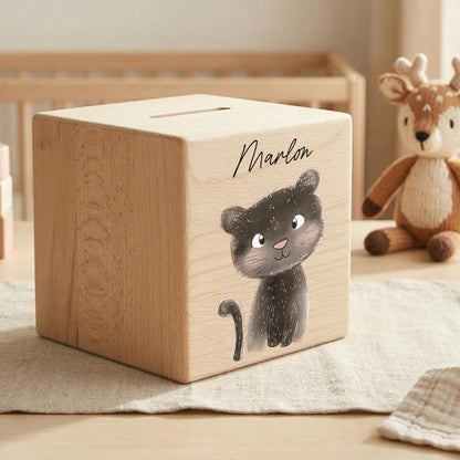 Spardose für Kinder Panter personalisiert Safari Tiere Sparbox aus Holz Sparschwein mit Schlüssel Taufgeschenk für Jungen & Mädchen
