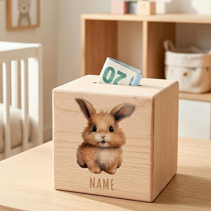 Hase Spardose für Kinder personalisiert Sparbox aus Holz Sparschwein mit Schlüssel Taufgeschenk für Jungen und Mädchen