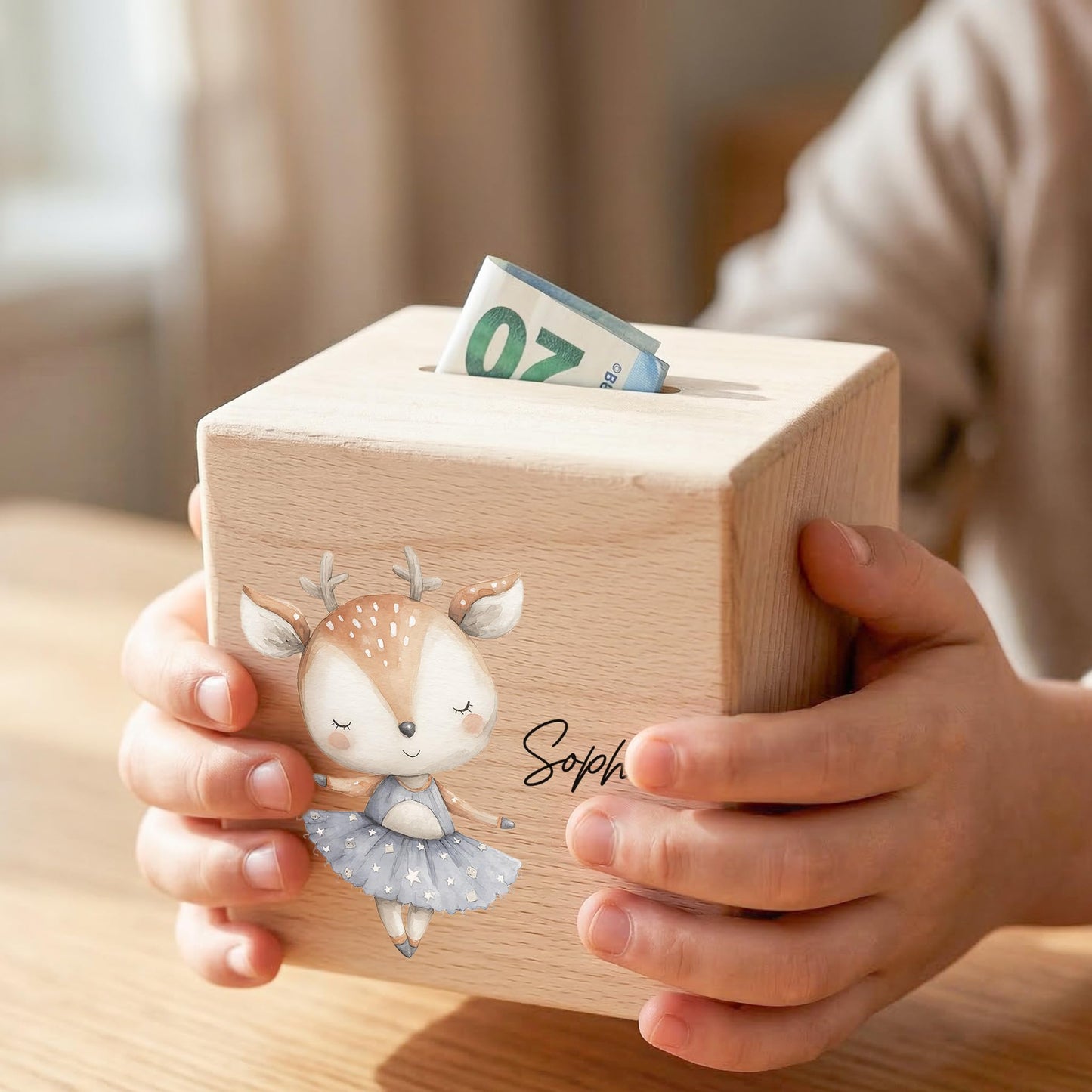 Spardose für Mädchen personalisierte Sparbox aus Holz mit REH Geldgeschenk für Kinder