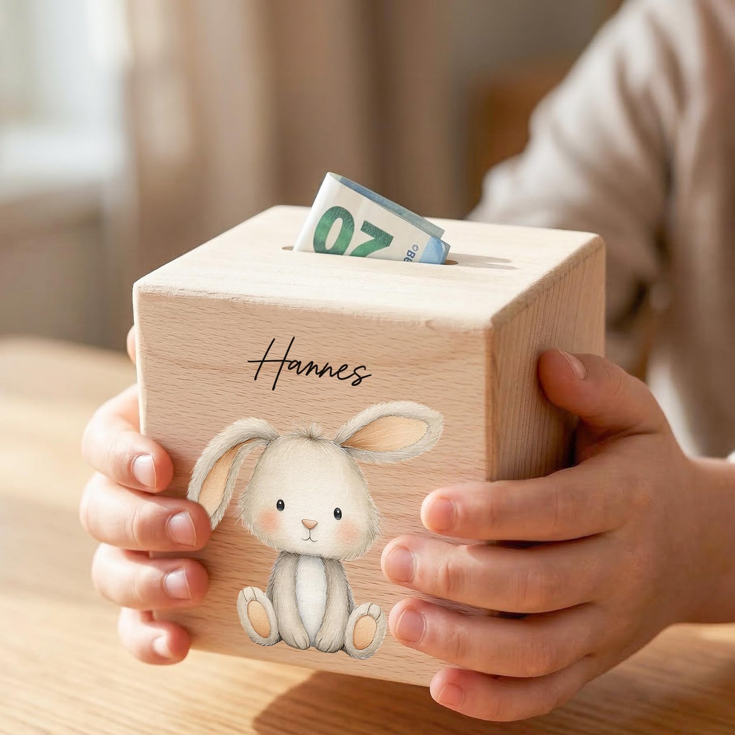 Hase Spardose für Kinder aus Holz personalisierte Sparbox Holzspardose mit Schlüssel als Geldgeschenk