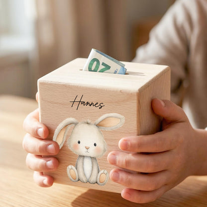 Hase Spardose für Kinder aus Holz personalisierte Sparbox Holzspardose mit Schlüssel als Geldgeschenk