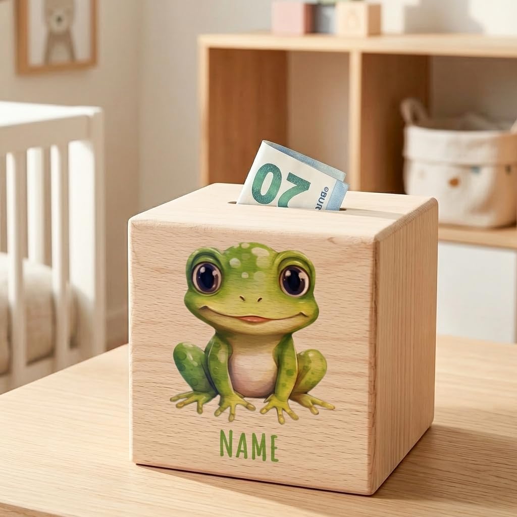 Frosch Spardose für Kinder personalisiert Sparbox aus Holz Sparschwein mit Schlüssel Taufgeschenk für Jungen und Mädchen