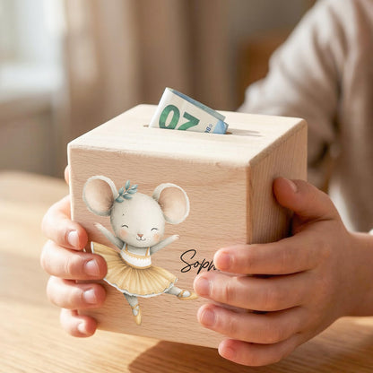 Spardose für Mädchen personalisierte Sparbox aus Holz mit Maus Geldgeschenk für Kinder