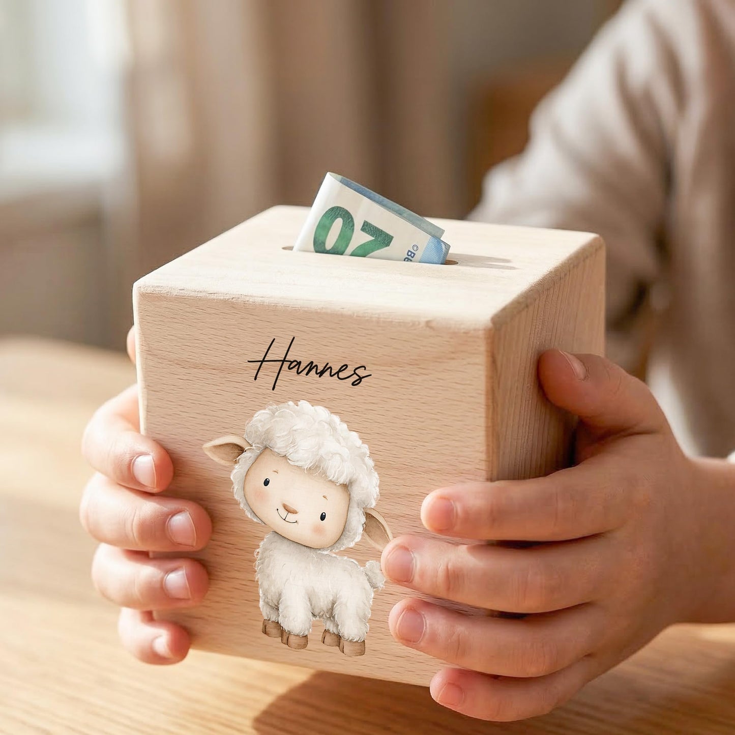 Schaf Spardose für Kinder aus Holz personalisierte Sparbox Holzspardose mit Schlüssel als Geldgeschenk