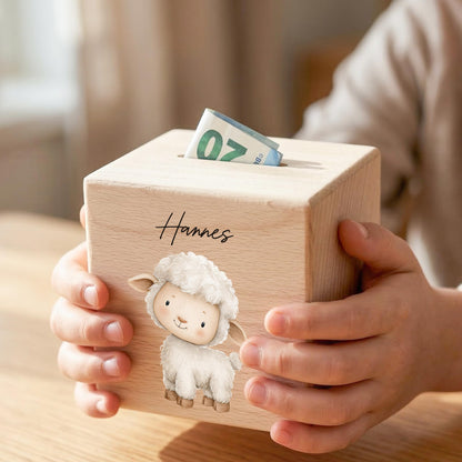 Schaf Spardose für Kinder aus Holz personalisierte Sparbox Holzspardose mit Schlüssel als Geldgeschenk