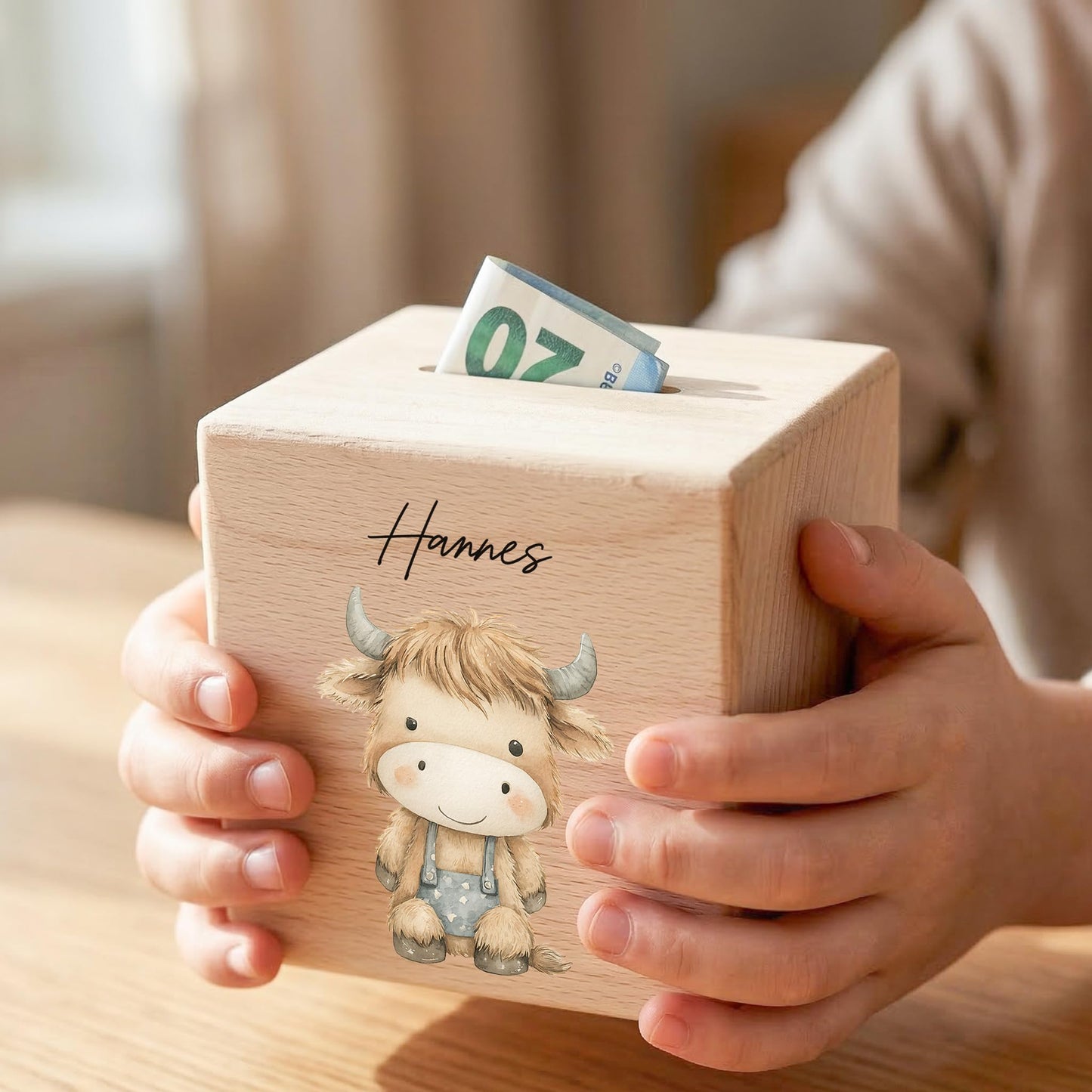 Bulle Spardose für Kinder aus Holz personalisierte Sparbox Holzspardose mit Schlüssel als Geldgeschenk