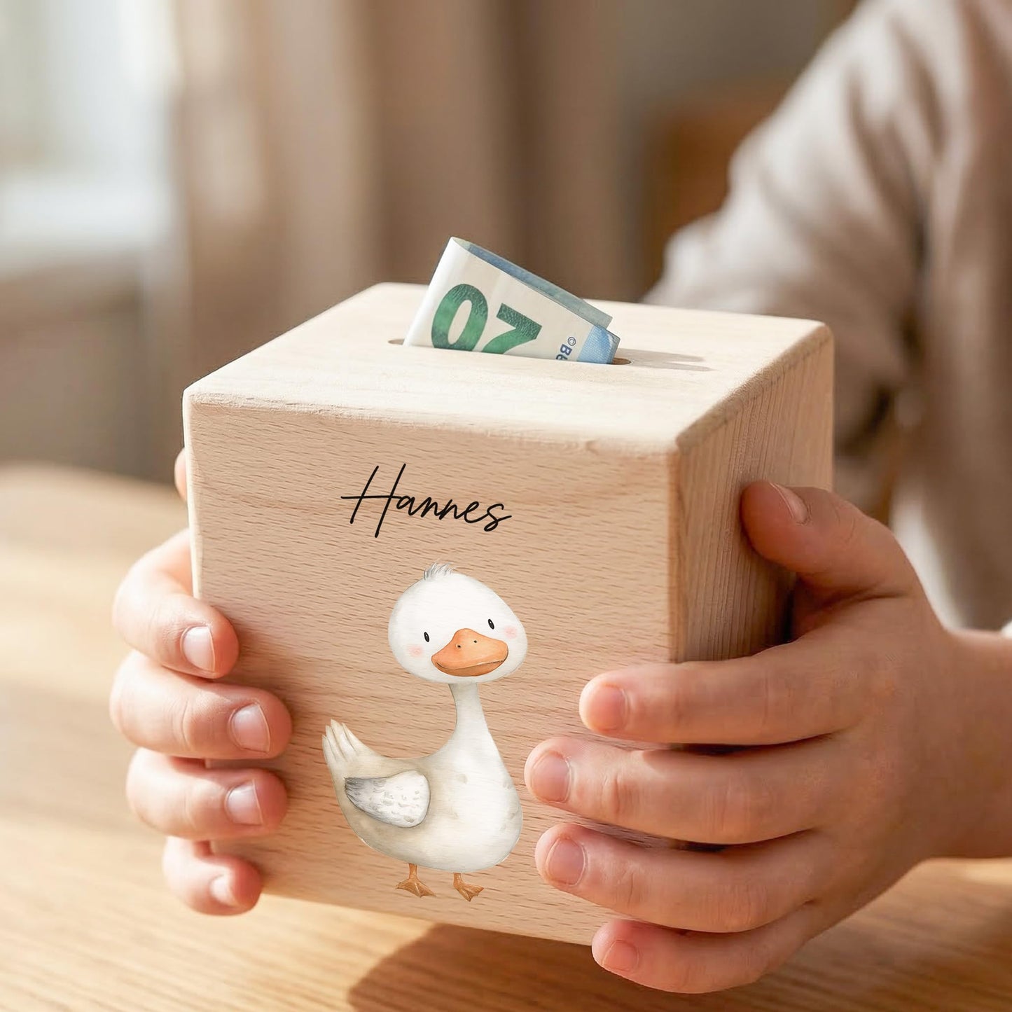 Gans Spardose für Kinder aus Holz personalisierte Sparbox Holzspardose mit Schlüssel als Geldgeschenk