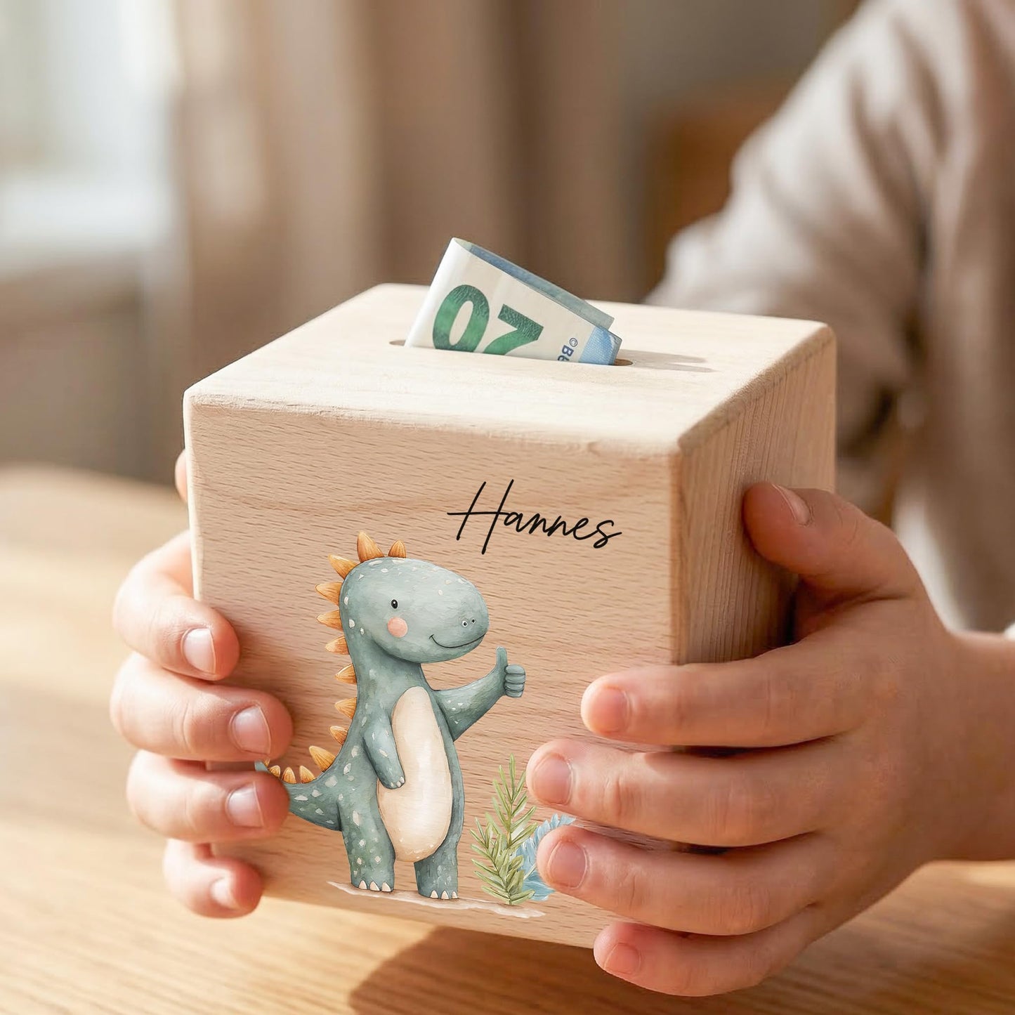 Spardose Dino für Jungen personalisierte Sparbox aus Holz Sparschwein für Kinder V2