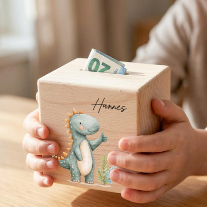 Spardose Dino für Jungen personalisierte Sparbox aus Holz Sparschwein für Kinder V2