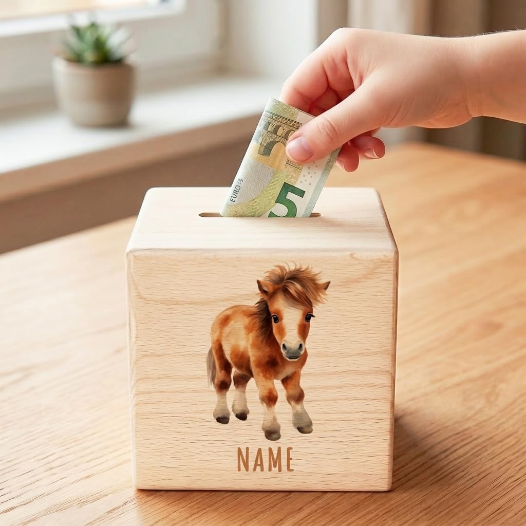 Pferde Spardose für Kinder personalisiert Sparbox aus Holz Sparschwein mit Schlüssel Taufgeschenk für Jungen und Mädchen