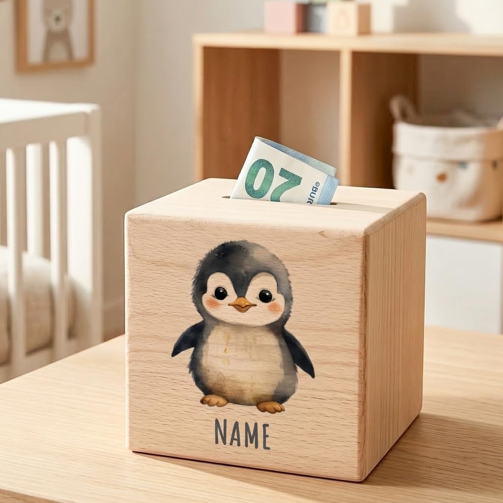 Pinguin Spardose für Kinder personalisiert Sparbox aus Holz Sparschwein mit Schlüssel Taufgeschenk für Jungen und Mädchen