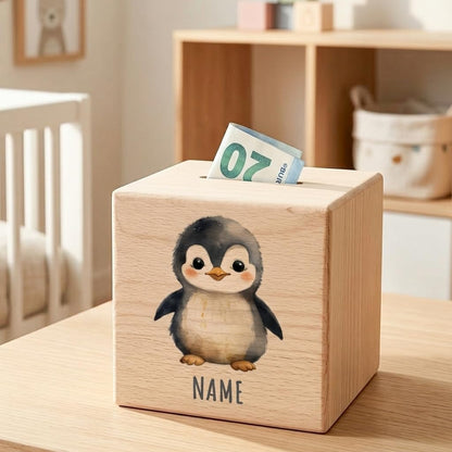 Pinguin Spardose für Kinder personalisiert Sparbox aus Holz Sparschwein mit Schlüssel Taufgeschenk für Jungen und Mädchen