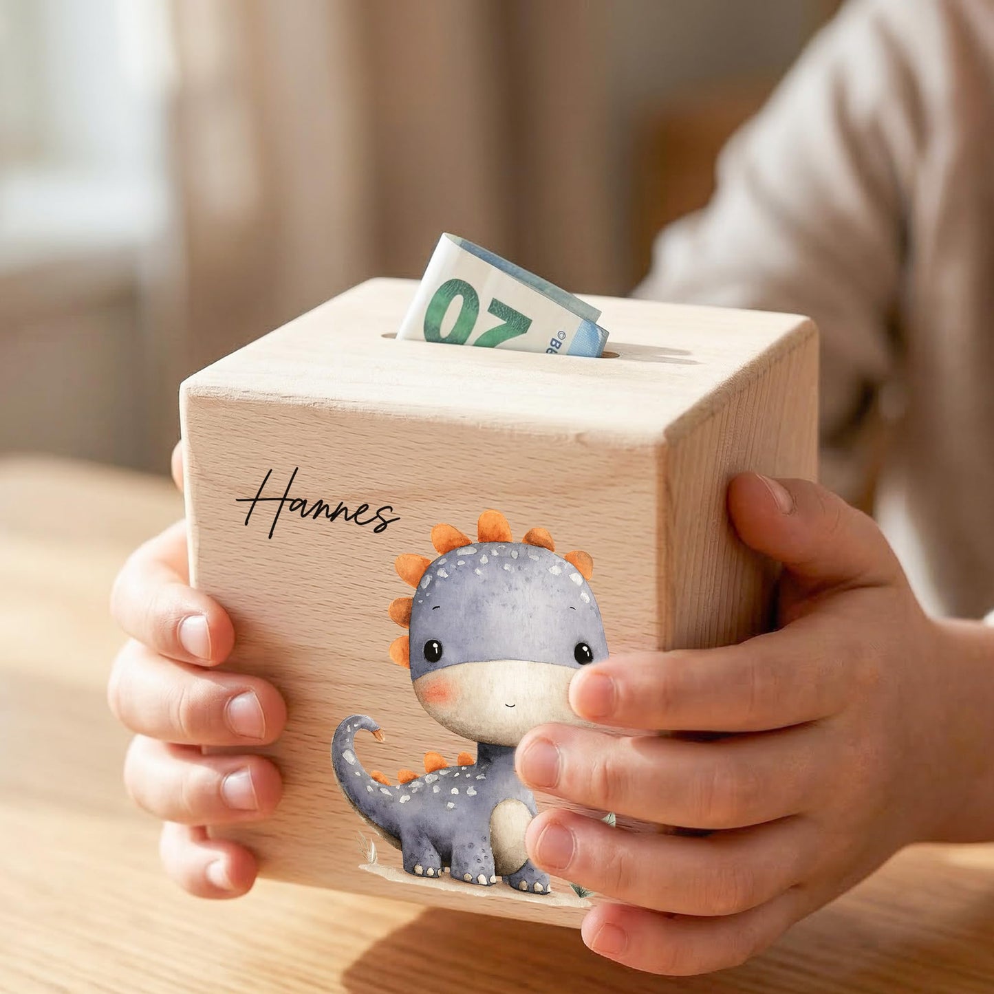 Spardose Dino für Jungen personalisierte Sparbox aus Holz Sparschwein für Kinder V7