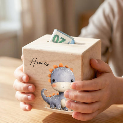 Spardose Dino für Jungen personalisierte Sparbox aus Holz Sparschwein für Kinder V7
