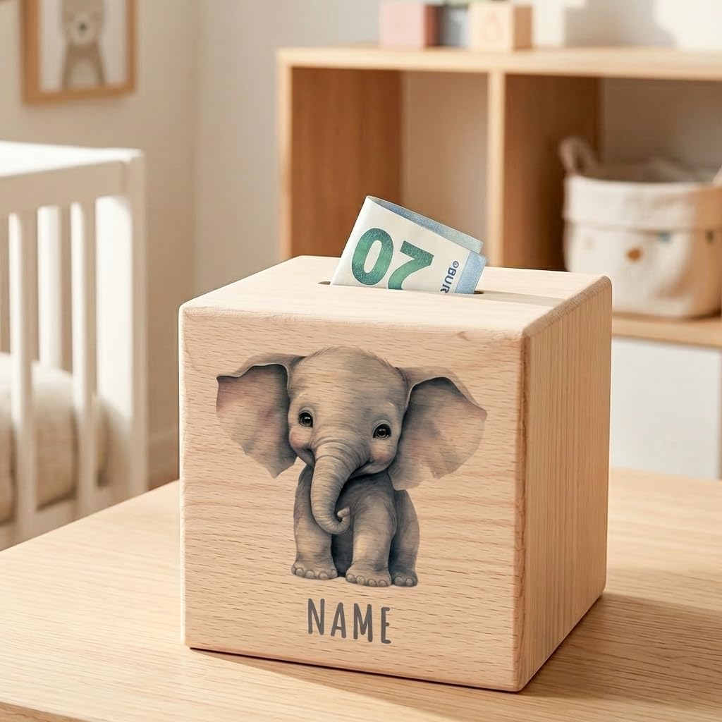 Elefant Spardose für Kinder personalisiert Sparbox aus Holz Sparschwein mit Schlüssel Taufgeschenk für Jungen und Mädchen