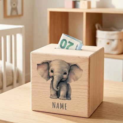 Elefant Spardose für Kinder personalisiert Sparbox aus Holz Sparschwein mit Schlüssel Taufgeschenk für Jungen und Mädchen