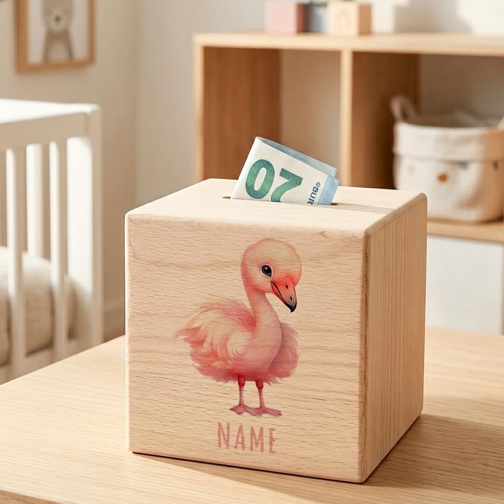Flamingo Spardose für Kinder personalisiert Sparbox aus Holz Sparschwein mit Schlüssel Taufgeschenk für Jungen und Mädchen