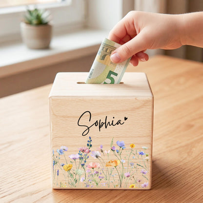 Geldgeschenk zur Geburt für Mädchen personalisierte Spardose aus Holz Babygeschenk