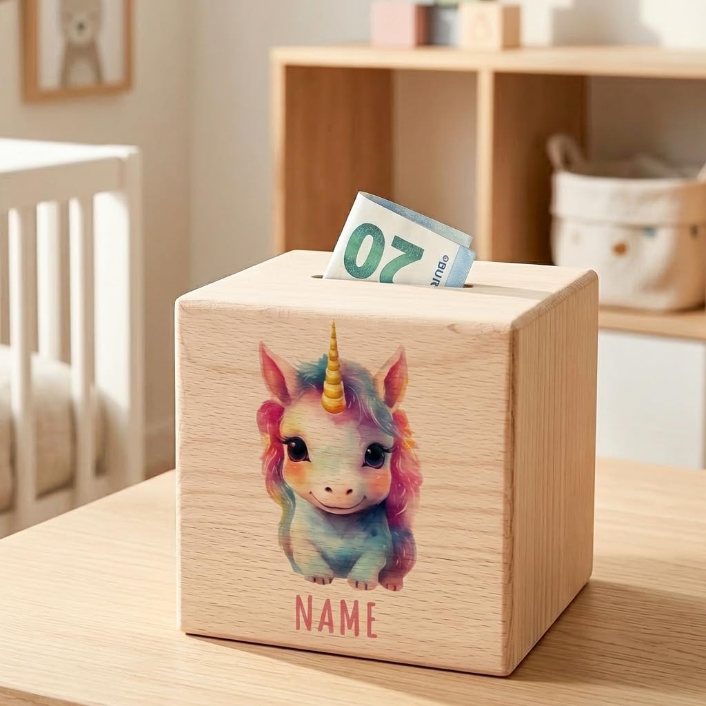 Tier Spardose für Kinder personalisiert Sparbox aus Holz Sparschwein mit Schlüssel Taufgeschenk für Jungen und Mädchen (Einhorn)