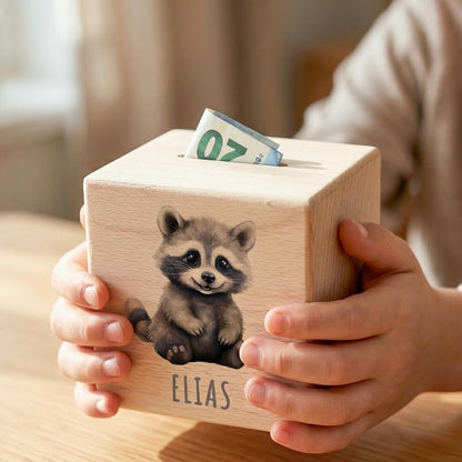 Waschbär Spardose für Kinder personalisiert Sparbox aus Holz Sparschwein mit Schlüssel Taufgeschenk für Jungen und Mädchen