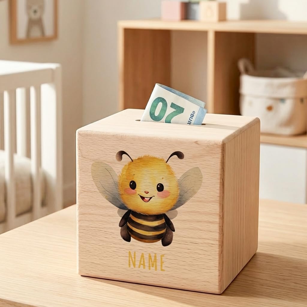 Biene Spardose für Kinder personalisiert Sparbox aus Holz Sparschwein mit Schlüssel Taufgeschenk für Jungen und Mädchen