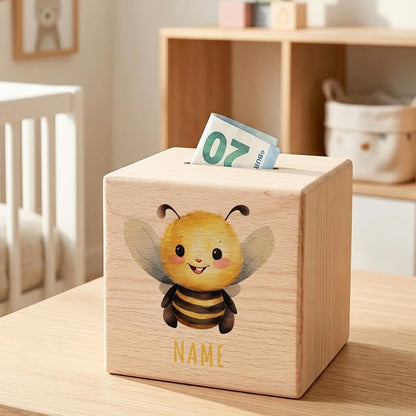 Biene Spardose für Kinder personalisiert Sparbox aus Holz Sparschwein mit Schlüssel Taufgeschenk für Jungen und Mädchen