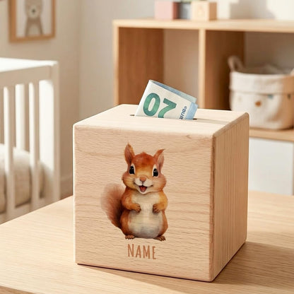 Eichhörnchen Spardose für Kinder personalisiert Sparbox aus Holz Sparschwein mit Schlüssel Taufgeschenk für Jungen und Mädchen