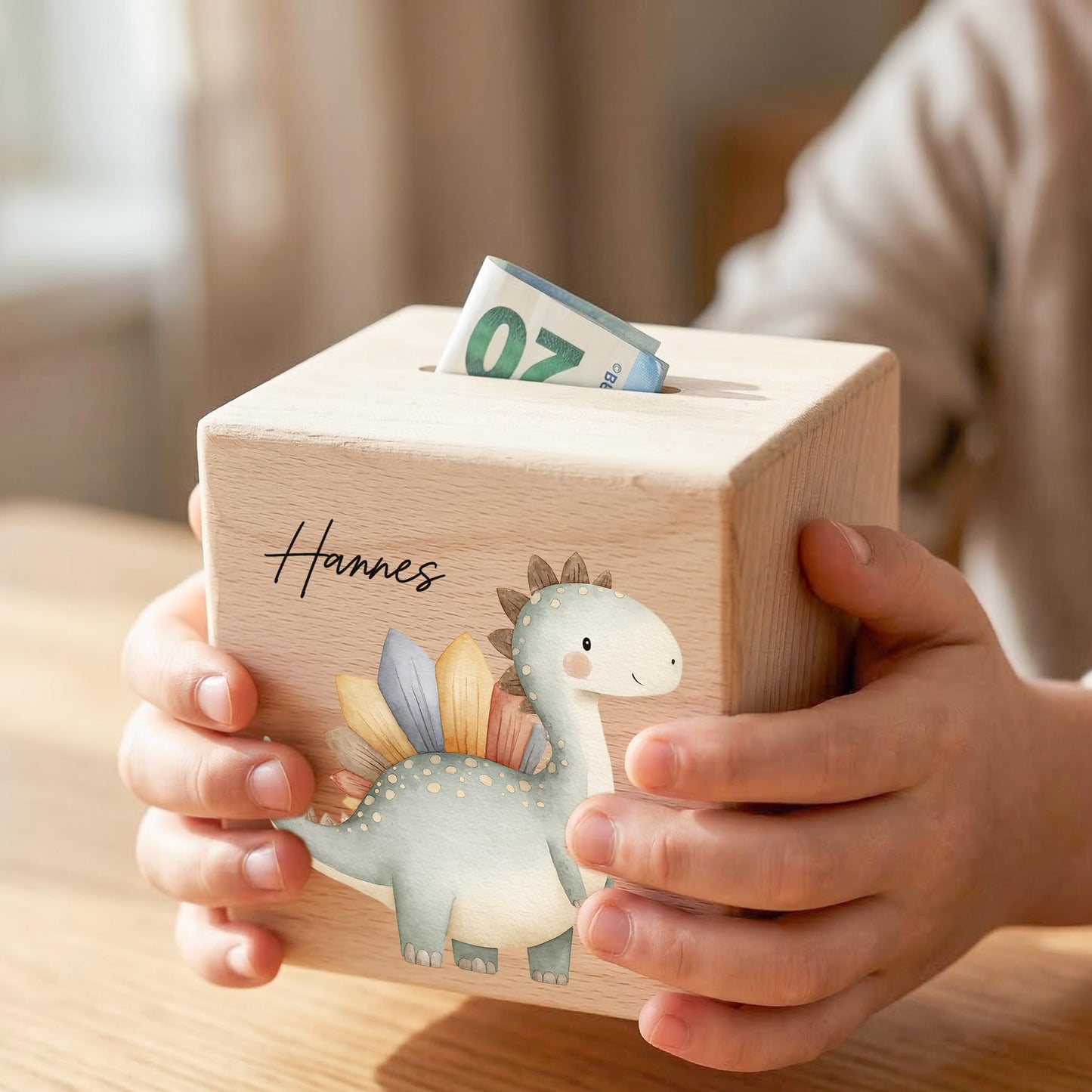 Spardose Dino für Jungen personalisierte Sparbox aus Holz Sparschwein für Kinder V5