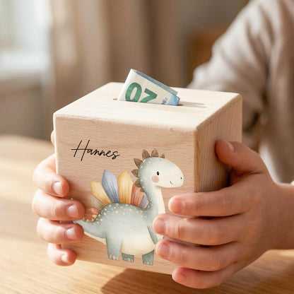 Spardose Dino für Jungen personalisierte Sparbox aus Holz Sparschwein für Kinder V5