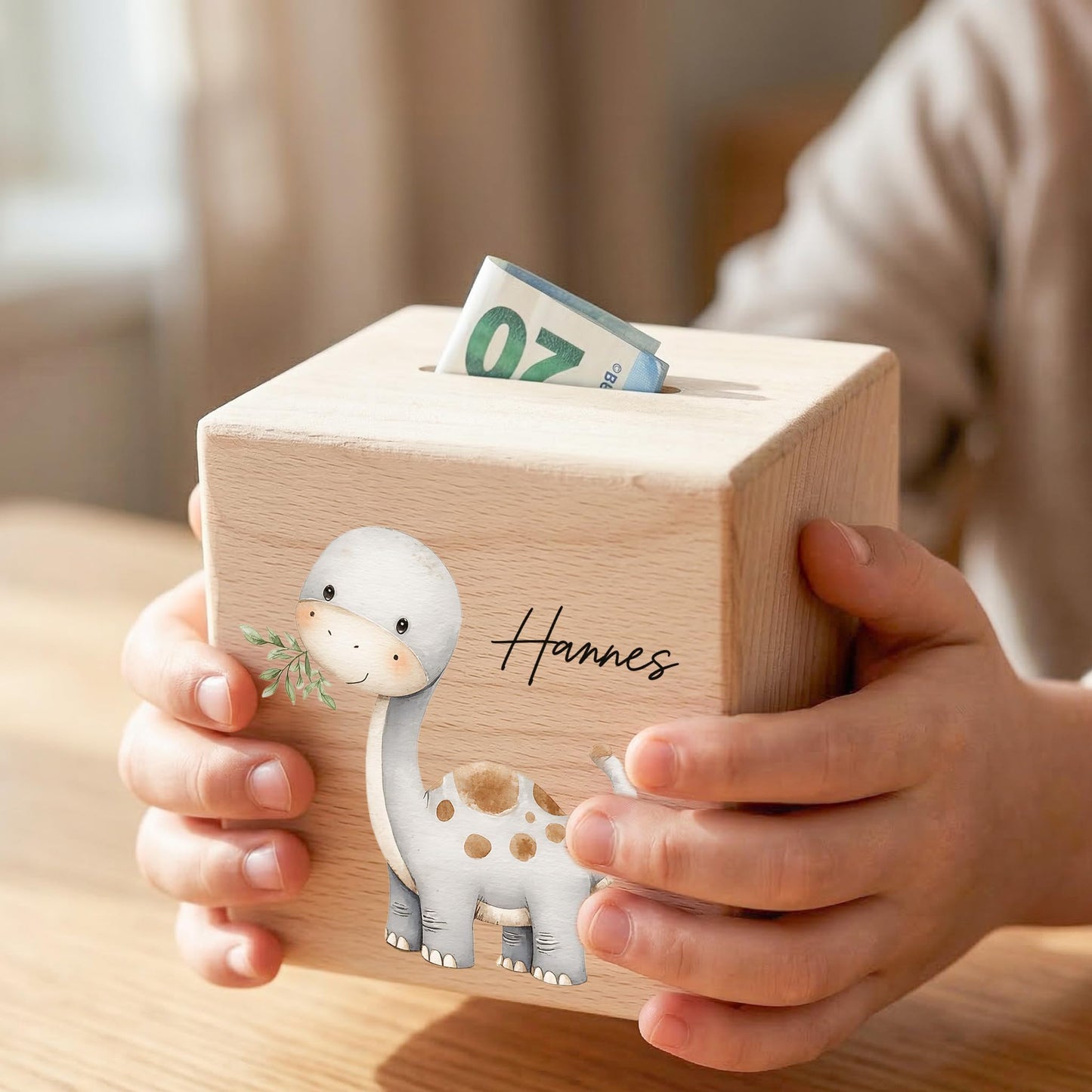 Spardose Dino für Jungen personalisierte Sparbox aus Holz Sparschwein für Kinder V3