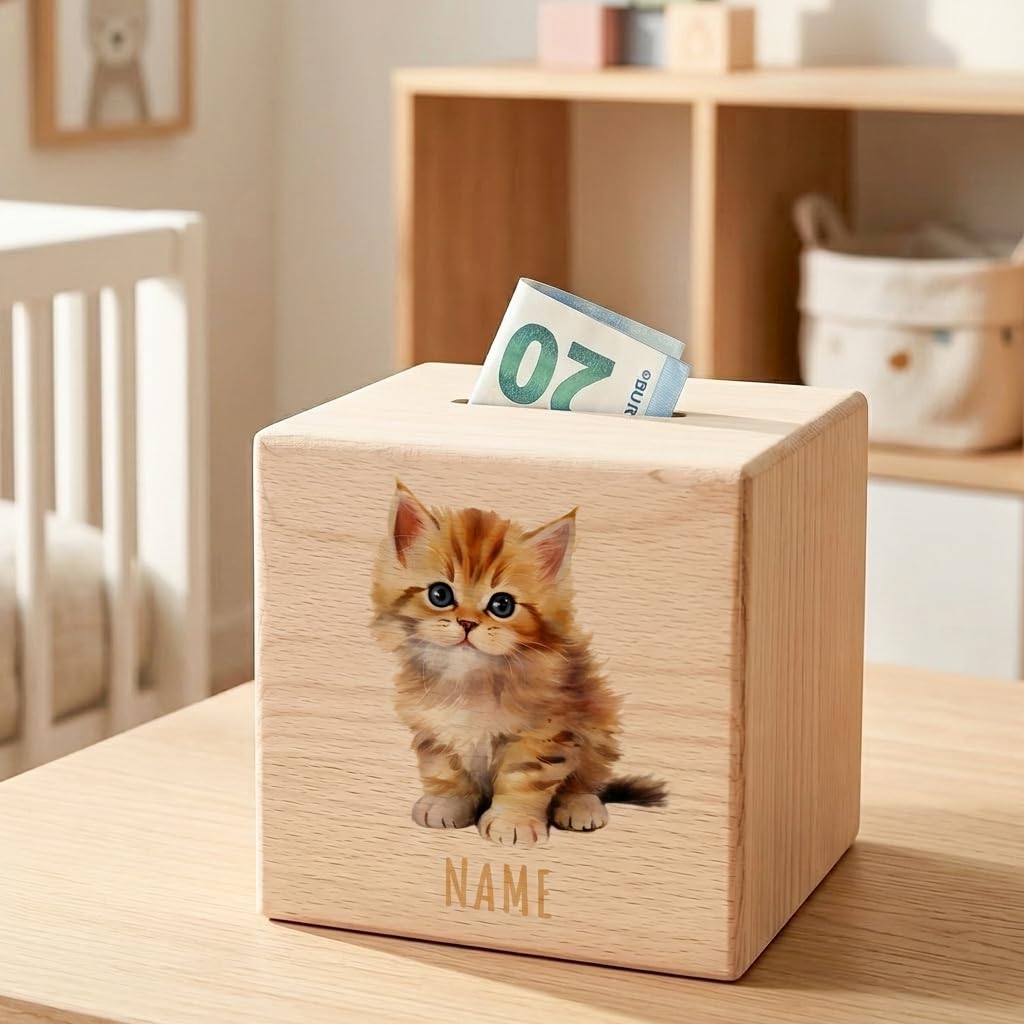 Katze Spardose für Kinder personalisiert Sparbox aus Holz Sparschwein mit Schlüssel Taufgeschenk für Jungen und Mädchen