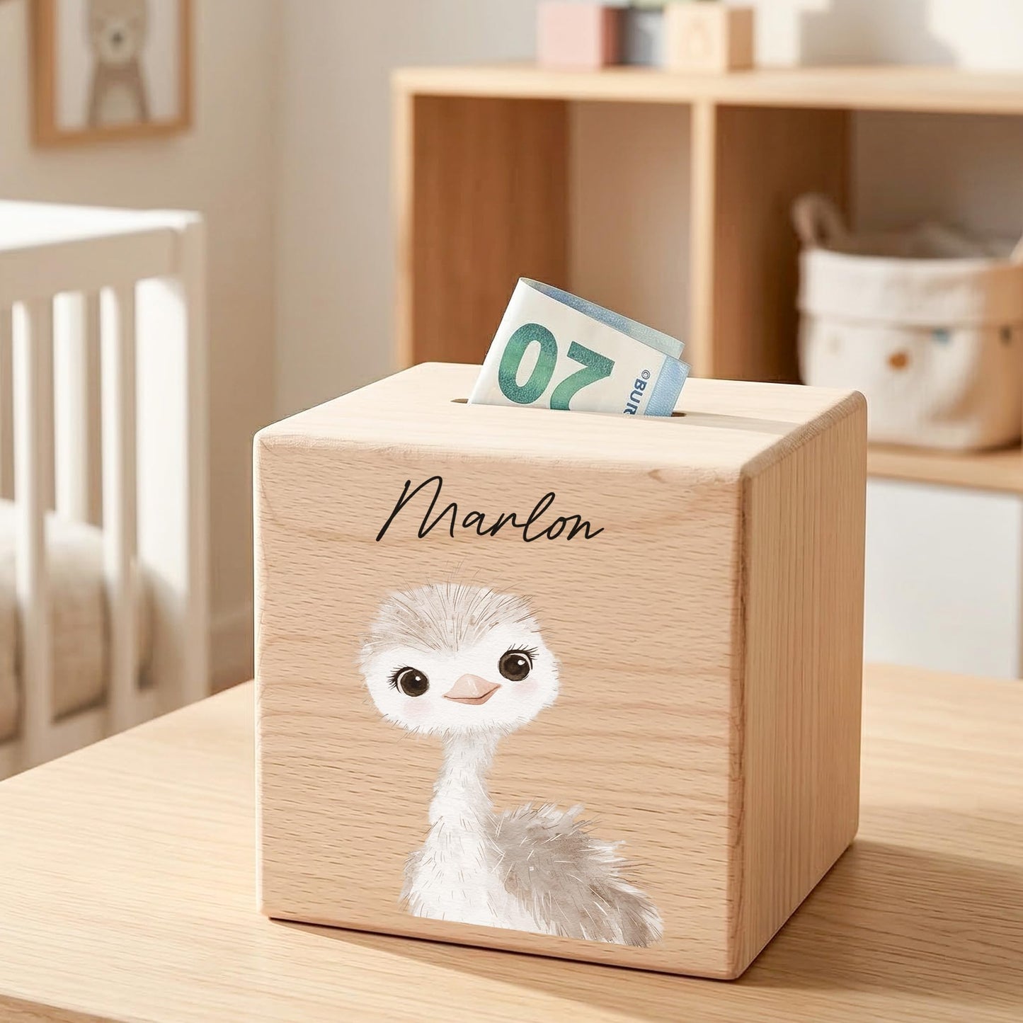 Spardose für Kinder Strauß personalisiert Safari Tiere Sparbox aus Holz Sparschwein mit Schlüssel Taufgeschenk für Jungen & Mädchen