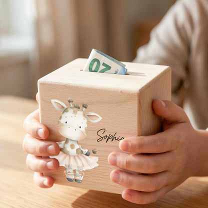 Spardose für Mädchen personalisierte Sparbox aus Holz mit Giraffe Geldgeschenk für Kinder