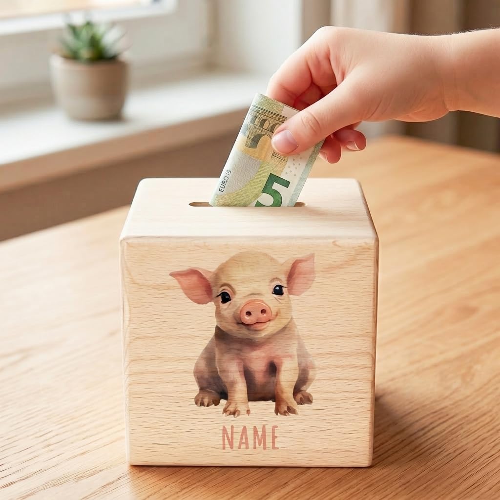 Schwein Spardose für Kinder personalisiert Sparbox aus Holz Sparschwein mit Schlüssel Taufgeschenk für Jungen und Mädchen