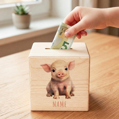 Schwein Spardose für Kinder personalisiert Sparbox aus Holz Sparschwein mit Schlüssel Taufgeschenk für Jungen und Mädchen