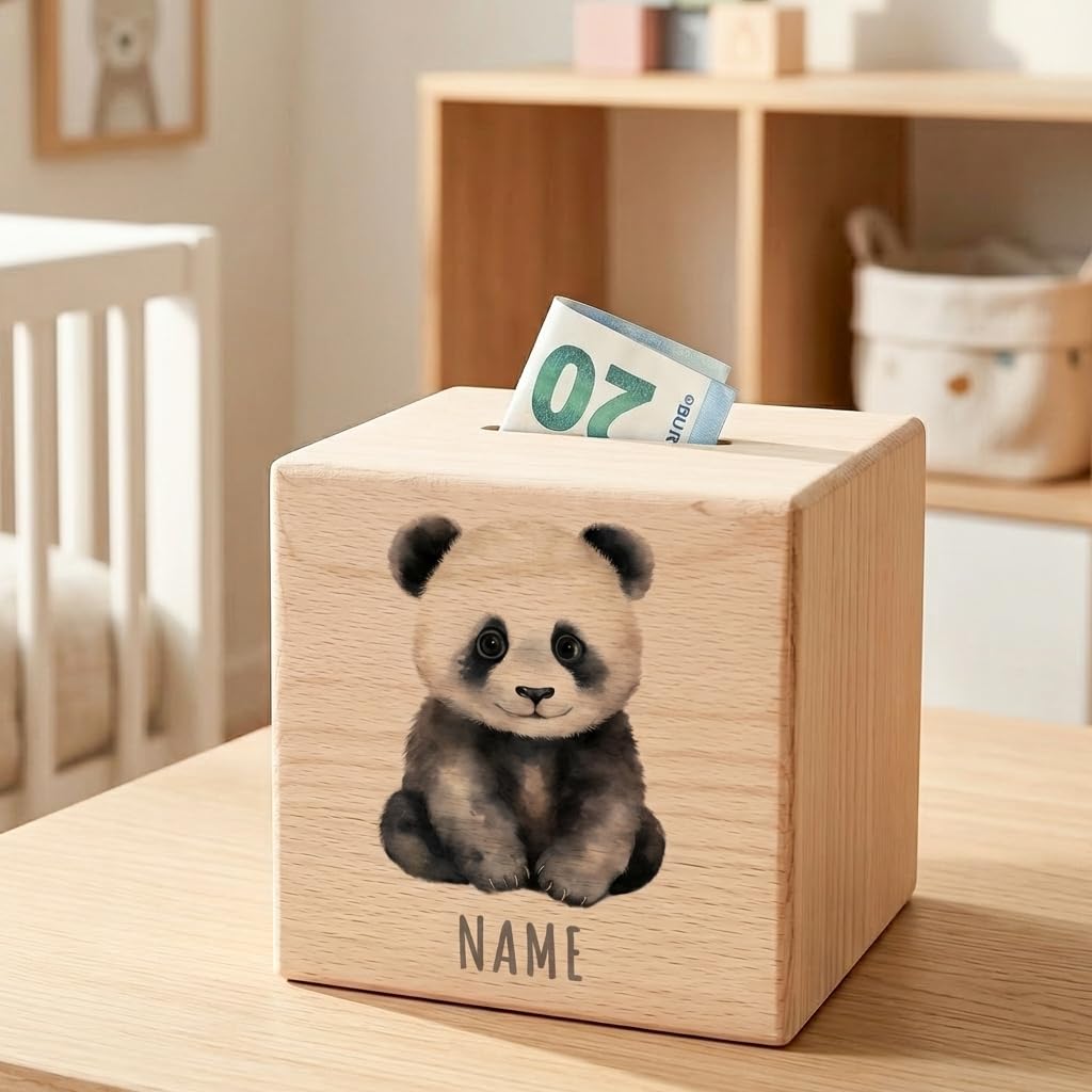 Panda Spardose für Kinder personalisiert Sparbox aus Holz Sparschwein mit Schlüssel Taufgeschenk für Jungen und Mädchen