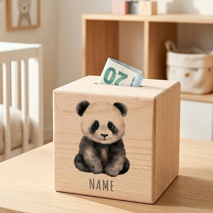 Panda Spardose für Kinder personalisiert Sparbox aus Holz Sparschwein mit Schlüssel Taufgeschenk für Jungen und Mädchen