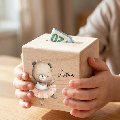 Spardose für Mädchen personalisierte Sparbox aus Holz mit Bär Geldgeschenk für Kinder