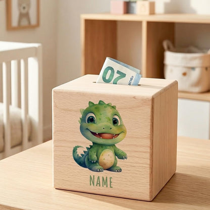 Dino Spardose für Kinder personalisiert Sparbox aus Holz T-Rex Sparschwein mit Schlüssel Taufgeschenk für Jungen und Mädchen